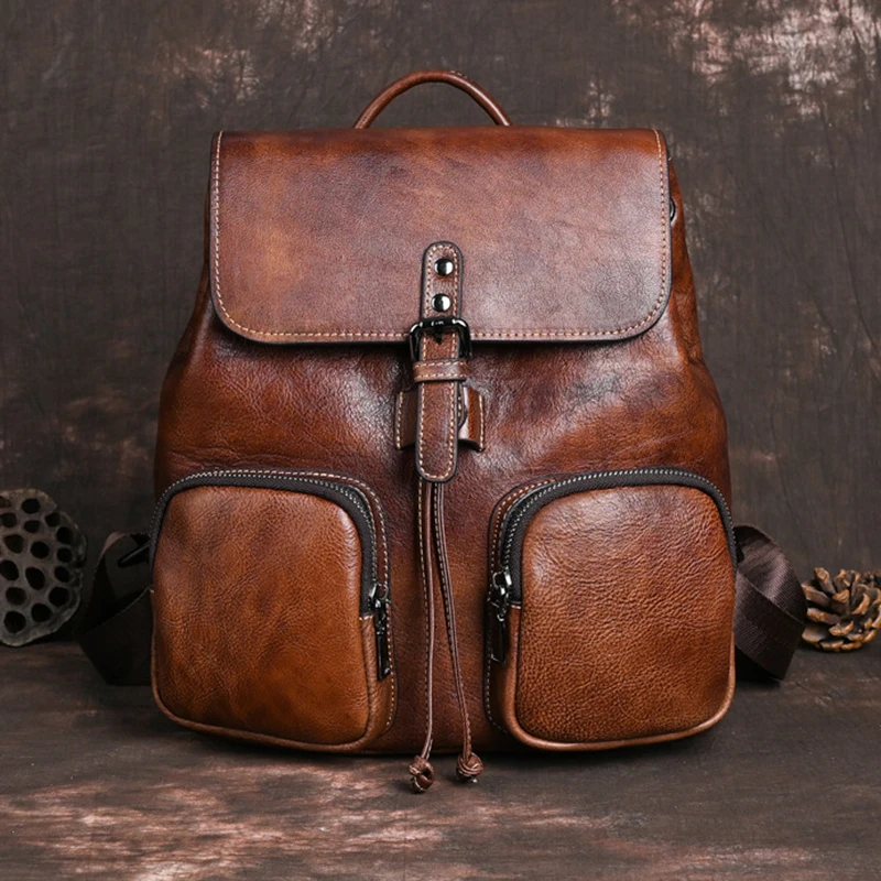 

Women Backpack Rucksack Genuine Leather Vintage Real Cowhide Female Travel Simple Daypack Men Student Book School Camputer Bag