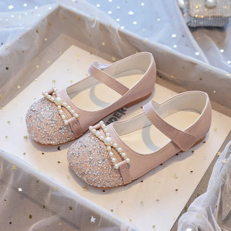 Leather Girls Party Flats Shoes with Rhinestone and Pearl