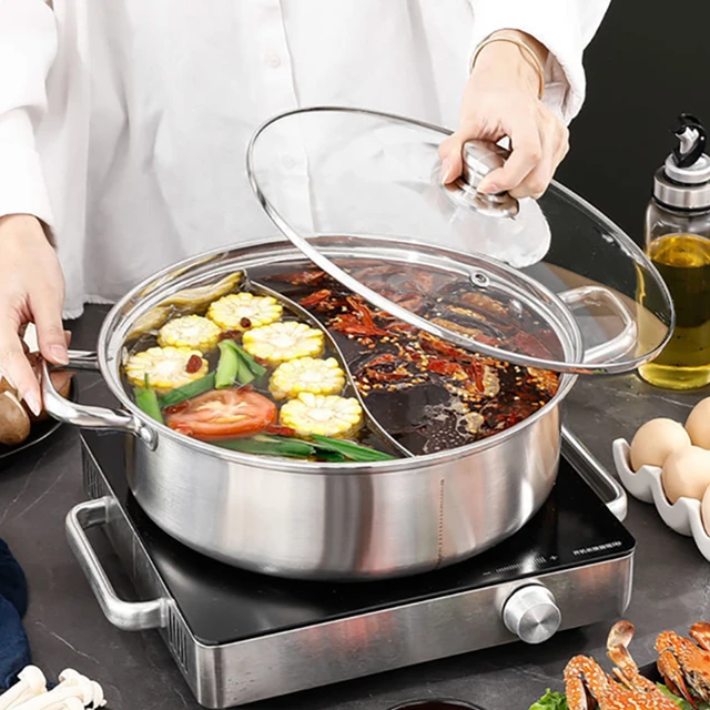 Stainless Steel 2 In 1 Divided Hotpot Glass Lid Gas Stove Induction Cooker  32cm