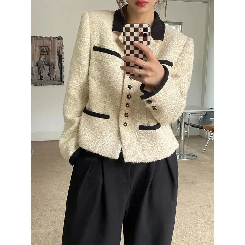 

Korean Fashion Suit Jacket Women 2023 Autumn New Single Breasted Cropped Tweed Coat Vintage Patchwork Short Chaquetas Para Mujer