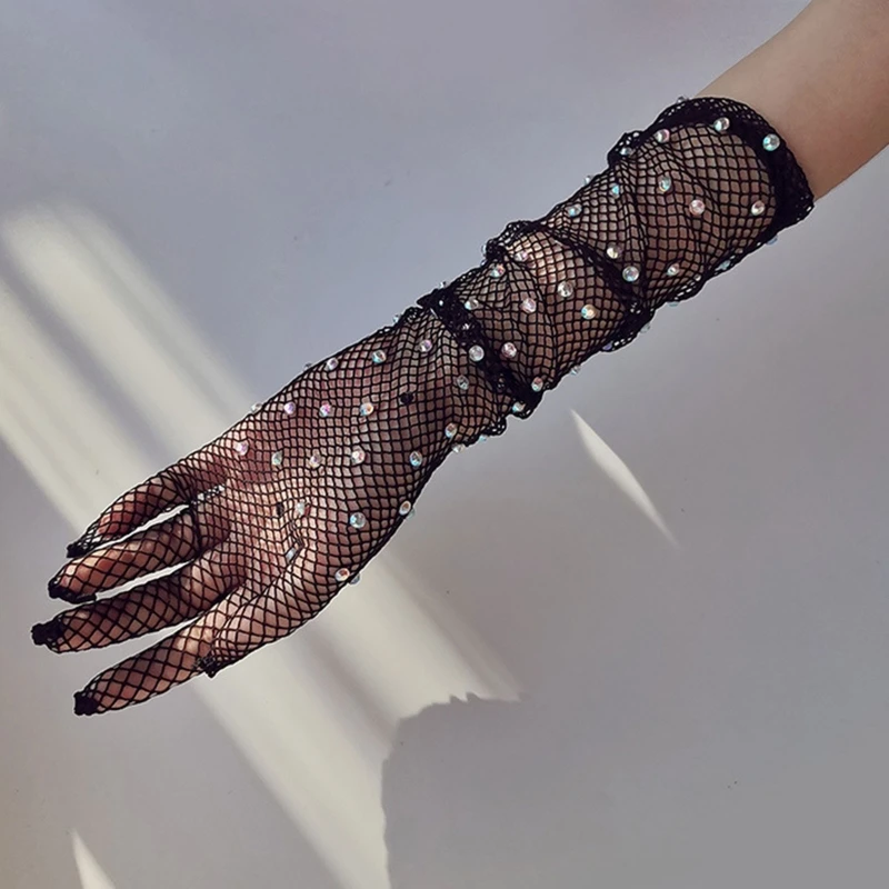 1 Pair Mesh Full Finger Arm Sleeves Long Gloves Long Sexy Rhinestones  Diamond Fishnet Gloves for Outdoor Activities Dropshipping