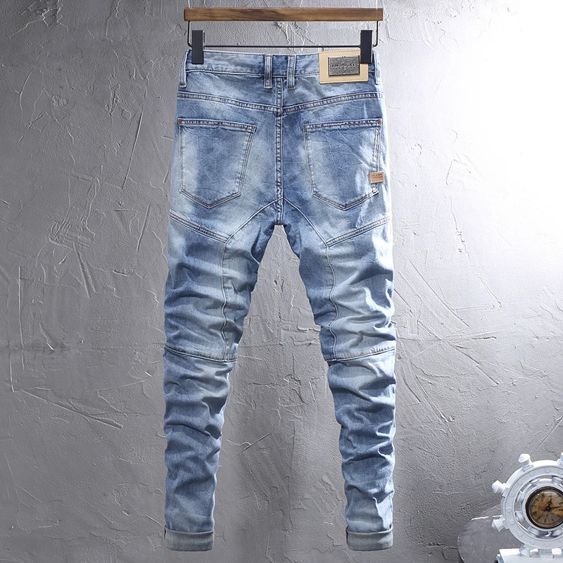 Street Fashion Men Jeans Retro Light Blue Elastic Stretch Slim Fit Hip Hop Jeans Men Spliced Designer Denim Biker Pants Hombre