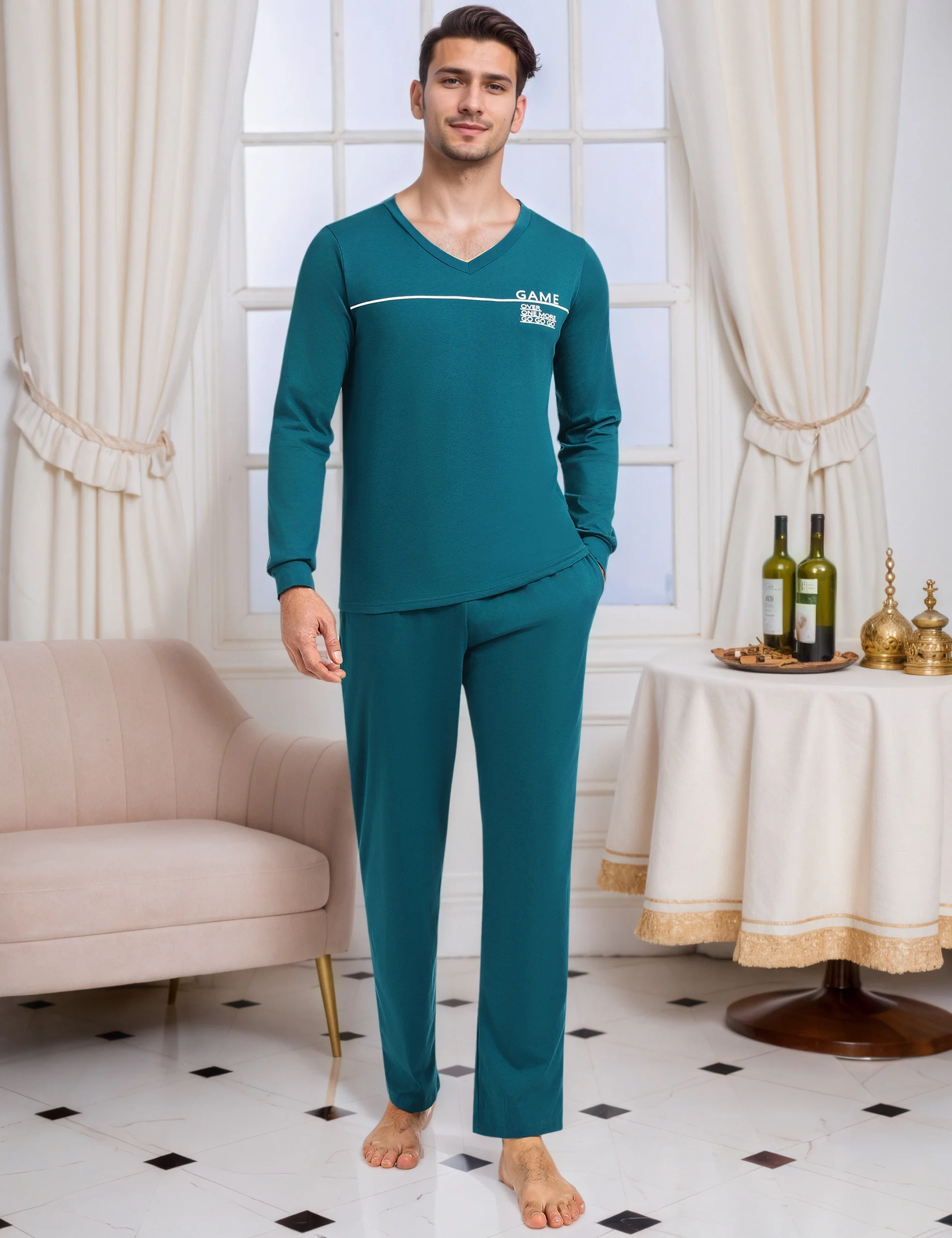 Herren-Pyjama-Sets, langärmliges Baumwoll-Pyjama-Set, 2-teilig, Loungewear, Nachtwäsche, Oberteile und Hose mit Taschen – Detail 4