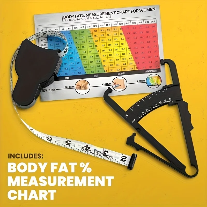 Body fat caliper and Waist Measurement Tape set - handheld fat caliper and tape combination, portable fitness measuring tool