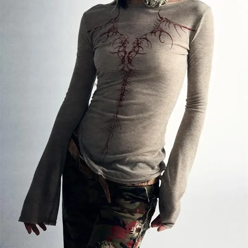 トップス y2k grunge Tattoo Design Long Sleeve Y2K Grunge Long Sleeve Tops Vintage Fairy Graphic Printed
