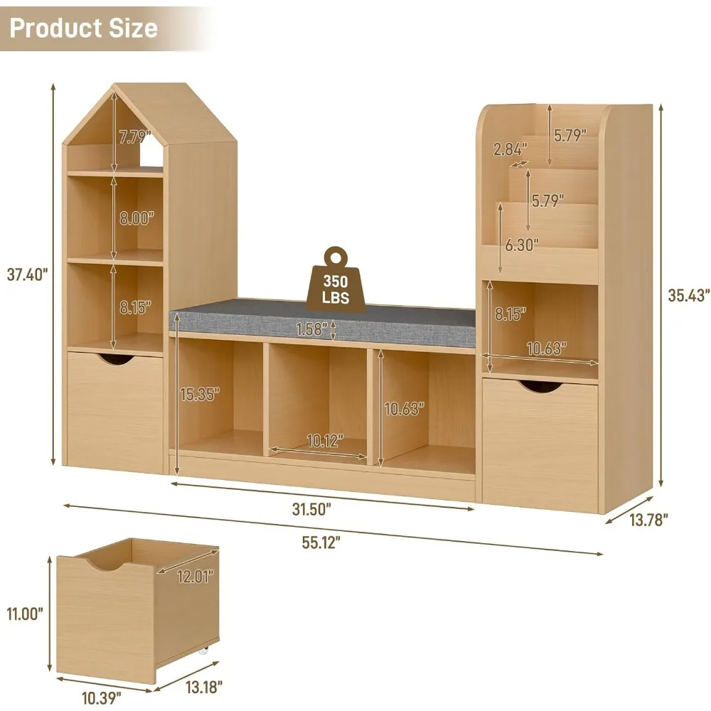 Kids Bookcase with Reading Nook, 7 Storage Cubbies & 2 Drawers, Toy Organizer with Seat Cushion for Playroom