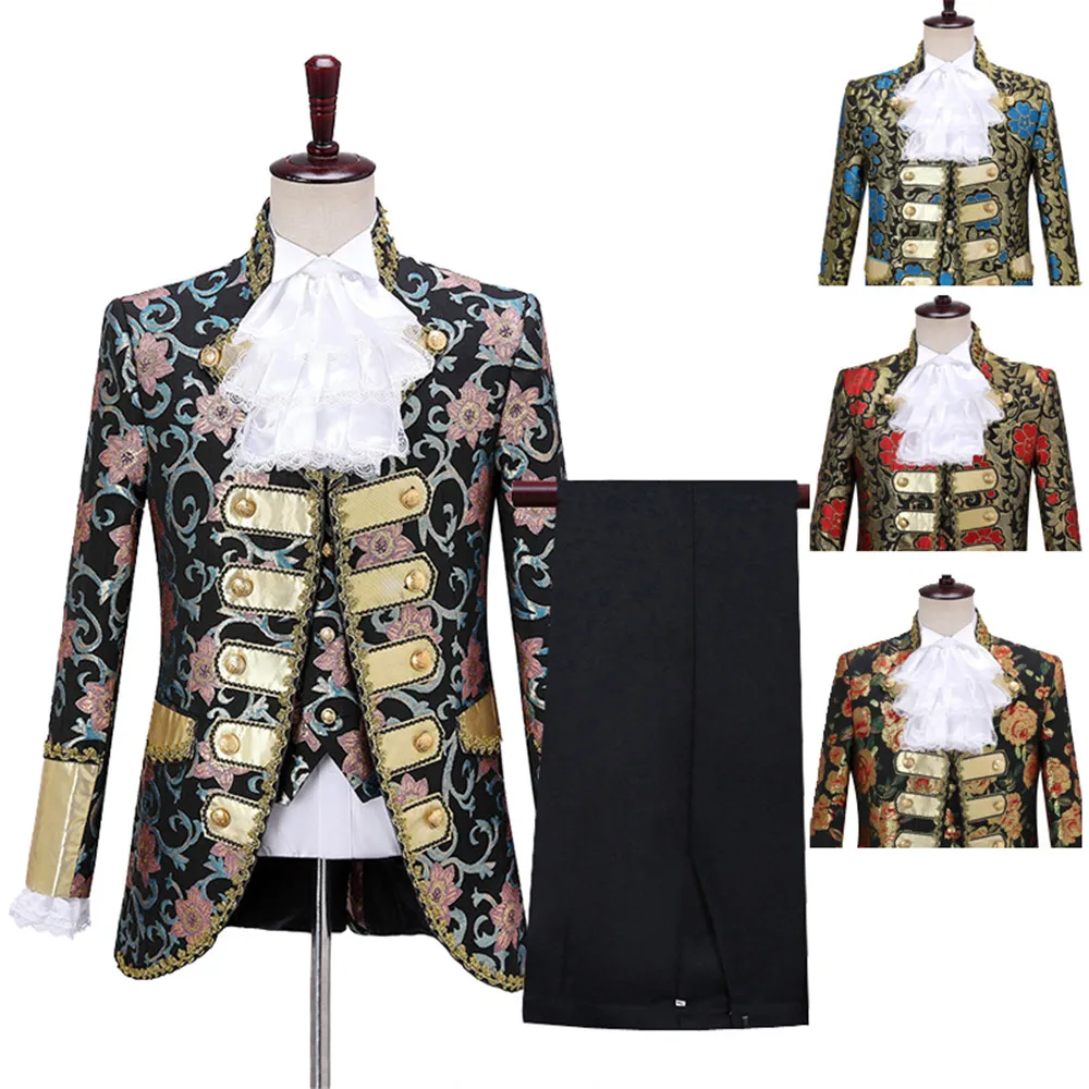 Vintage Royal Court Dress Men Theatrical Costume Stage Suit Jacket Three Pieces with Collar Flower and Facing Sleeve