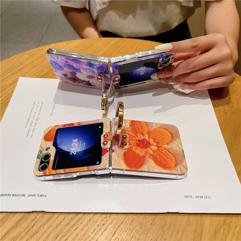 Ring Blu-ray Flower Phone Case For Samsung Galaxy Z Flip 5 4 3 5G PC Protective Flip5 Flip4 Flip3 Cover