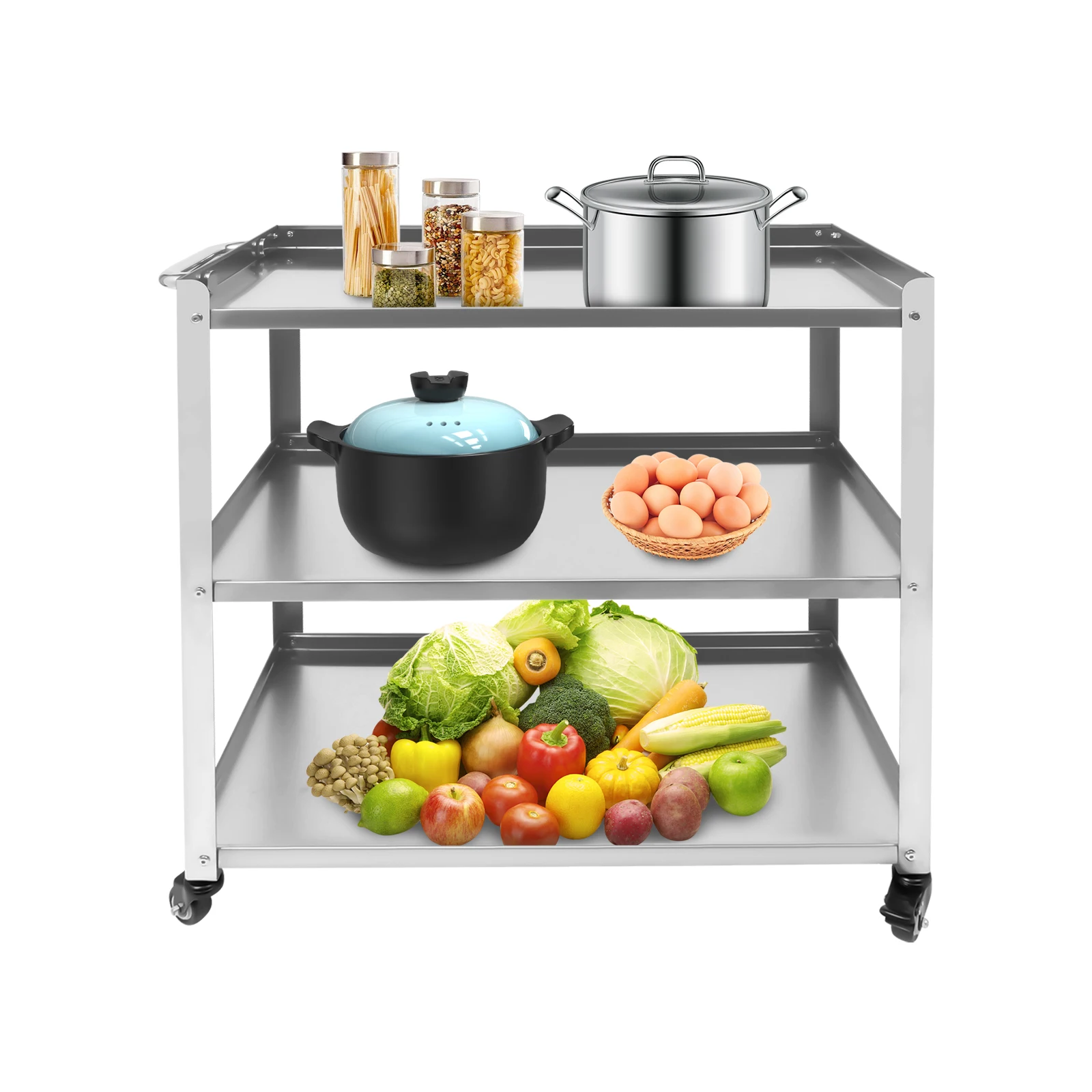 3 Tier Stainless Steel Kitchen Trolley Cart Utility Serving Storage Rolling Car Shelf Kitchen Trolley Car