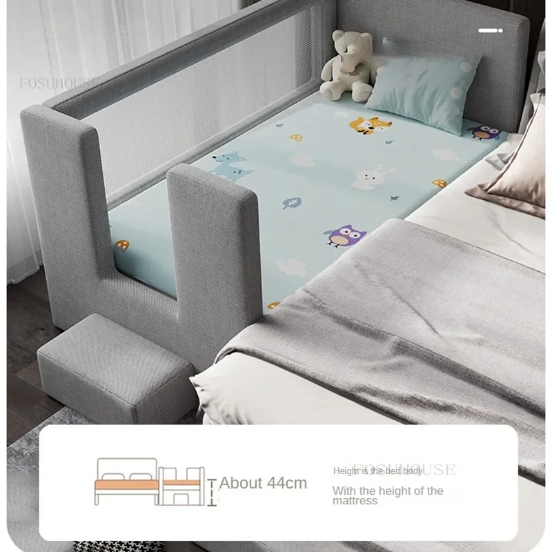 Breathable Solid Wood Child Bed for Kids Room Widened Soft-covered Children Beds with Mesh Modern Creative Kids Bed for Sofa