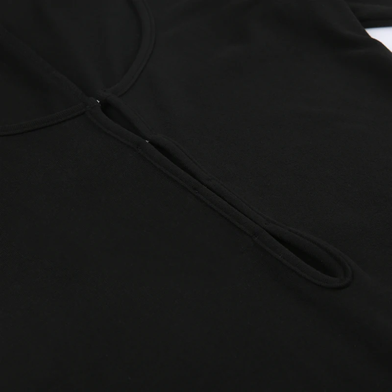 Mono negro sexy ajustado con gancho hueco en la parte delantera para mujer, mono negro liso con cuello redondo y manga larga para otoño e invierno, trajes básicos de baddie.