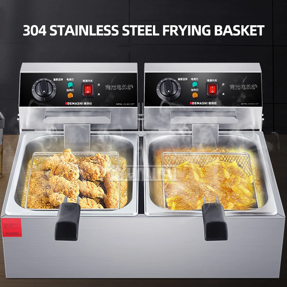 20L Electric Double Deep Fryer Stainless Steel Deep Fryer Commercial Countertop for Chicken French Fries Frying Chips