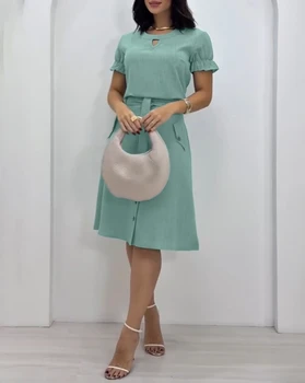 Women's Dress 2025 Round Neck Short Sleeved Hollow Top Casual Button Pocket Dress with Belt New Women's Clothing for Summer 1