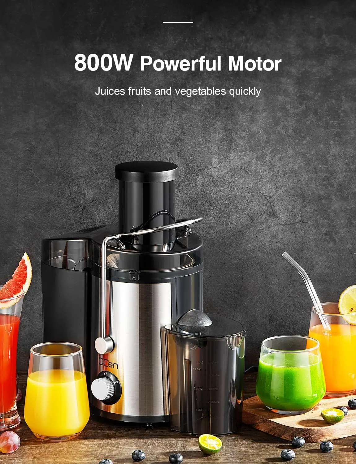 Qcen Juicer Machine, 800W Centrifugal Juicer Extractor with Wide Mouth 3” Feed Chute for Fruit Vegetable, Easy to Clean, Stainle 5