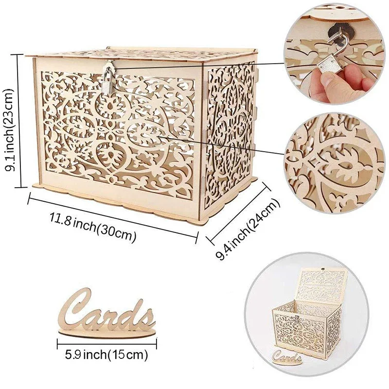 Wedding Card Boxes Hollow Wooden Box Gift Money Holder DIY Decor Supplies for Wedding Party Favors