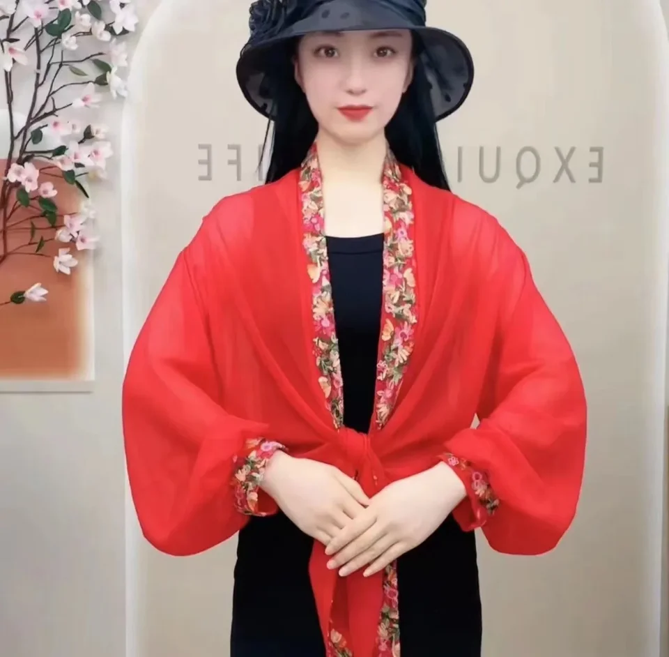 자수 시폰 자외선 차단 와이드 소매 상의, 에스닉 스타일 가디건, 에어컨 코트, 햇빛가리개 스카프
