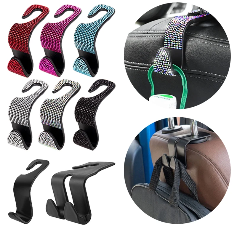 

Colorful Rhinestone Car Seat Hooks Back Headrest Storage Holder Hanging Bag Organizer Universal Auto Interior Decor Accessories