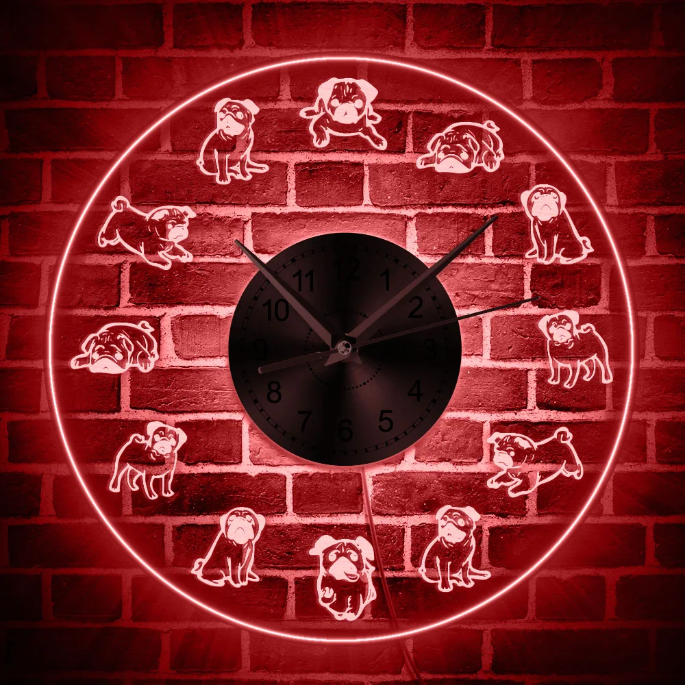 Cartoon Pug Dog Led Neon Sign Orologio Da Parete Puppy Pet Home Decor Orologio Da Parete Luminoso Illuminato Orologio Al Quarzo Acrilico Pug Lover Gif
