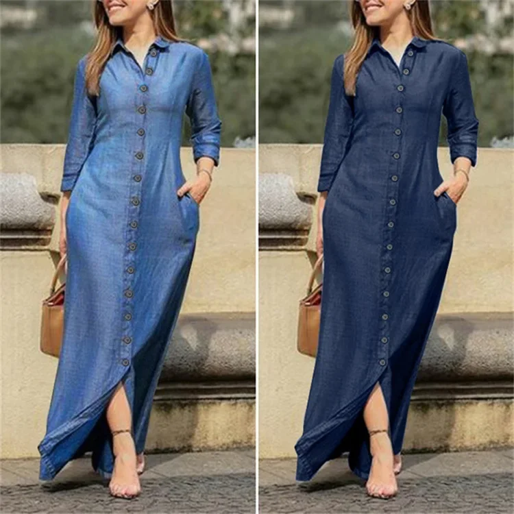 

Women's Casual Denim Long Sleeved Dress with Lapel Buttons, Elegant and Loose Fitting Women's Fashionable Denim Long Dress