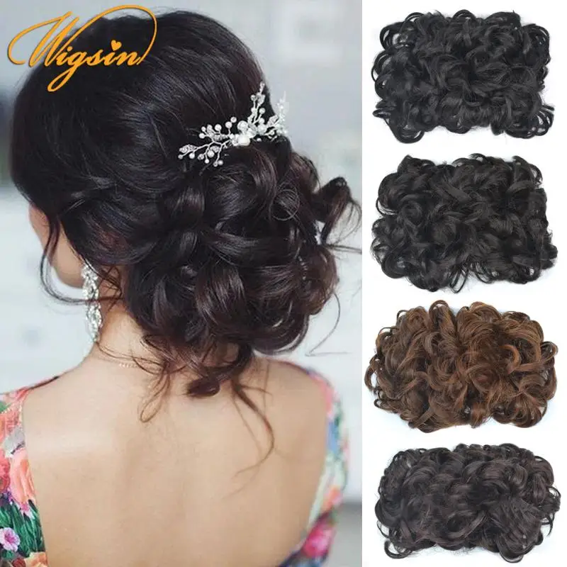 

Synthetic Flower Curly Hair Bun Clip In Hair Extension Chignon Hairpieces Women Updo Cover Drawstring Hairpiece Extension