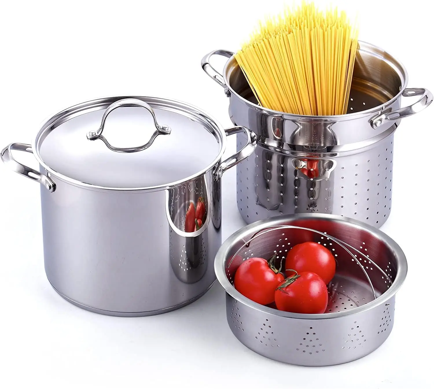 Pasta Pot 18/10 Stainless Steel 12 Quart Spaghetti Cooker Steamer Stock Pot Multipots with Strainer Insert 4-Piece Set