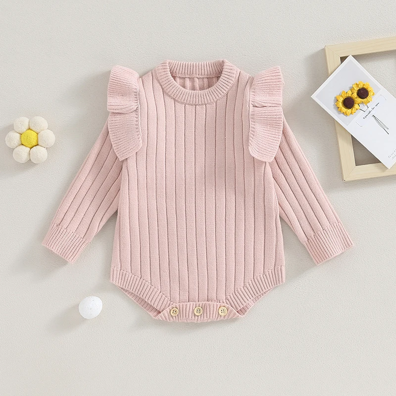 

Infant Baby Girl Fall Knitting Jumpsuit Solid Color Ribbed Round Neck Flying Sleeve Winter Romper