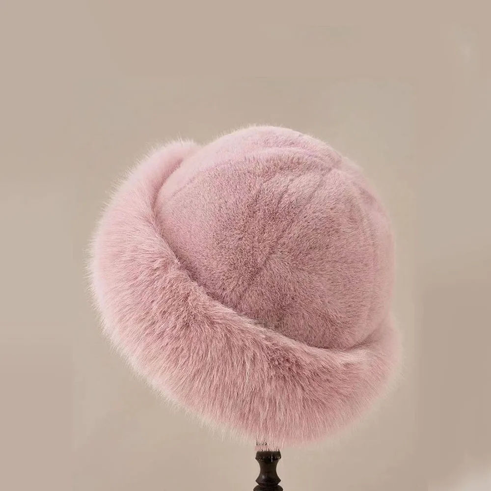 Luxurious Women's Fluffy Faux Fur Winter Hat - Stylish Thick Plush Bucket Cap