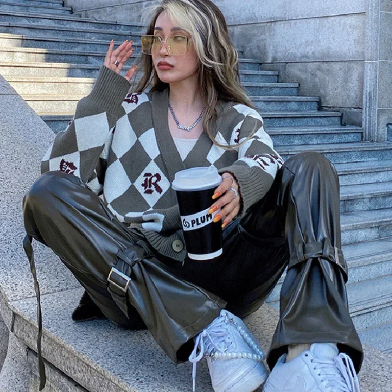 Overalls Women's Black Faux Leather Pants Fashion New Products Women's High-elastic PU Bandage Straight Leg Pants Streetwear
