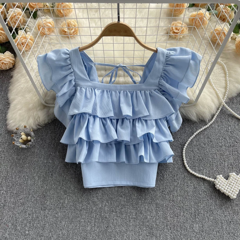 

Sweet Ruffle Shirt Women's New Fashion Summer Square Neck Slim Short Tops Solid Color Blouse Blusas De Mujer G898