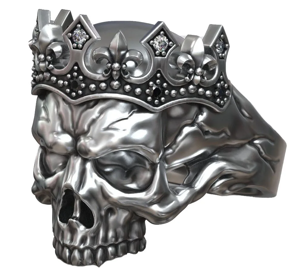 

26g Big Heavy 3D Skull Head Queen Tiara Diamond 925 Solid Sterling Silver Ring Punk Hollow