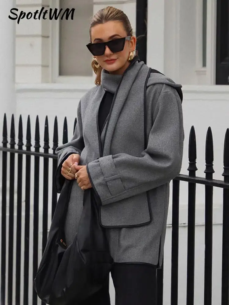 

Elegant Woolen Trench Scarf Collar Coat Women Fashion Vintage Windbreakers Overcoat Winter Loose Single Breasted Thick Outerwear