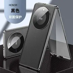 Dual - Sided Tempered Glass Leather Protective Case with Shockproof Bumper for Honor X70 (Black)