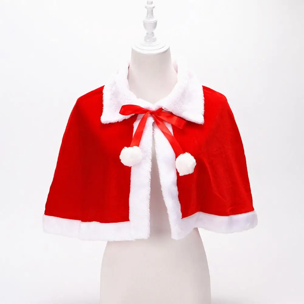 

Christmas Cape Bow Plush Balls Adult Kids Xmas Cape Turndown Collar Fine Workmanship Santa Claus Cape Christmas Wear