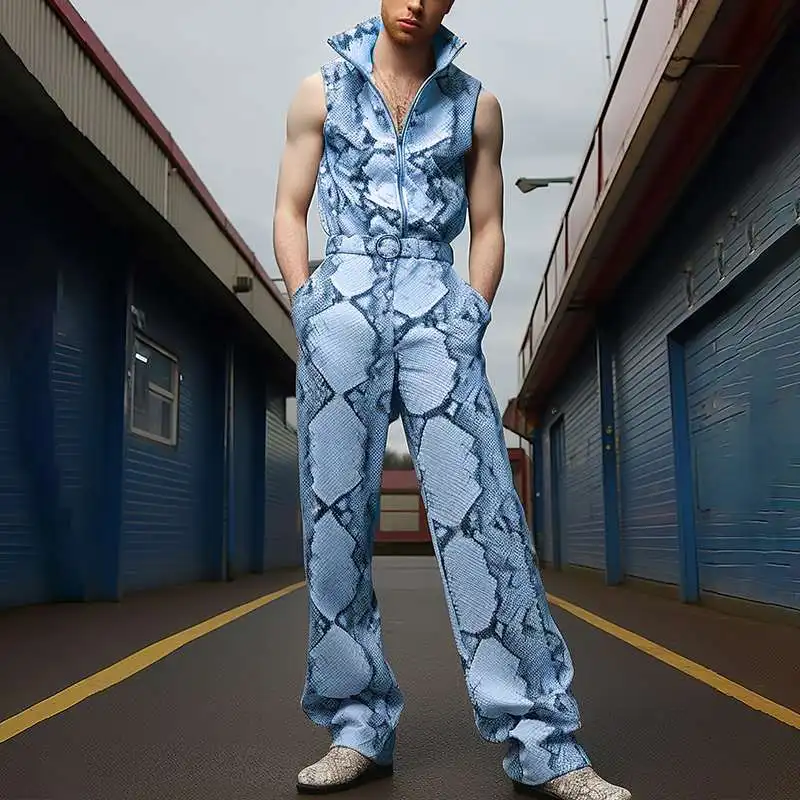 Description Picture 4 of itemINCERUN Men Jumpsuits Printing Lapel Sleeveless Zipper Casual Male Rompers Streetwear 2024 Fashion Men Overalls With Belt S-5XL