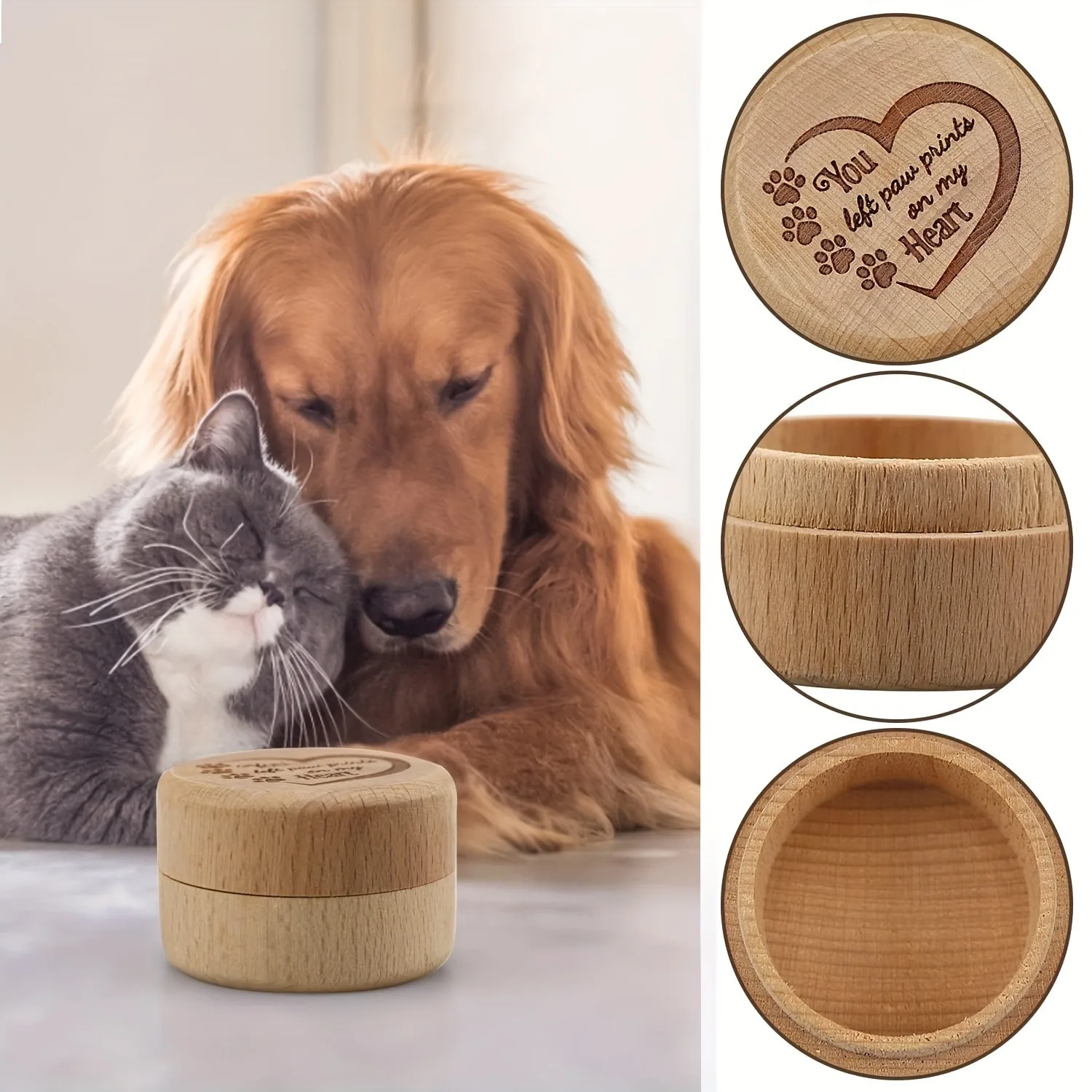 A dog commemorative box, used for mourning pets, wooden collection box with pet paw print engraving, ashes or hair box