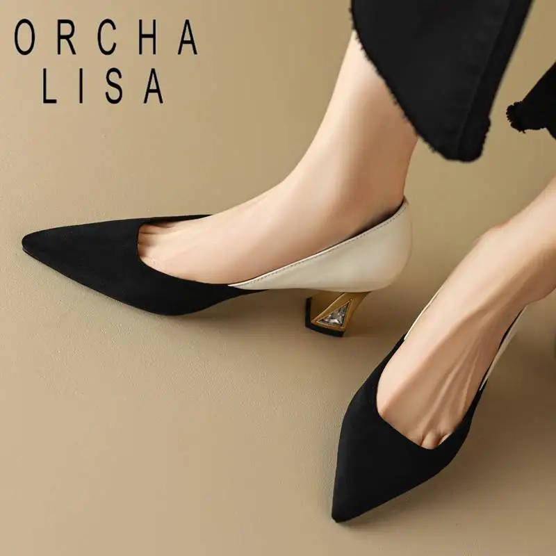 

ORCHA LISA Luxry Shoes Women Pumps Pointed Toe High Heels 7cm Slip On Suede Splice Mixed Color Party Elegant Plus Size 44 45 46