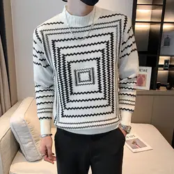 Men's Autumn Winter Pullover Round Neck Solid Screw Thread Checkered Lantern Long Sleeve Sweater Knitted England Style Tops