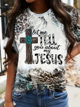 Crew Neck Short Sleeve Jesus Cross Print T Shirt Women's Outfits Casual Streetwear Retro T shirts For Lady 1