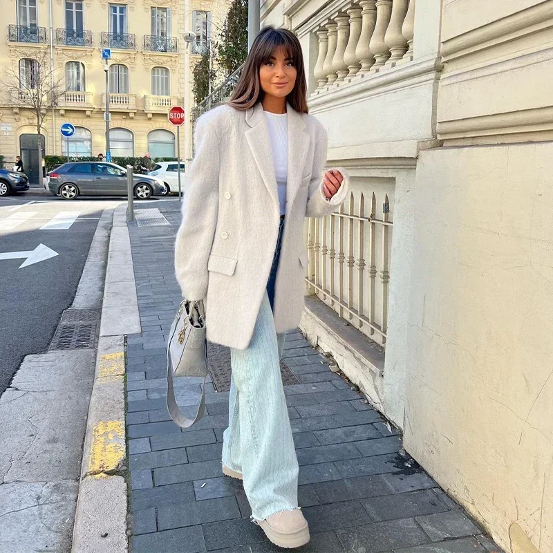 White Mohair Blazer Coat Women Loose Lapel Single-breasted Long Sleeve Thick Warm Jackets 2025 New Office Lady Street Outerwear 8 White Mohair Blazer Coat Women Loose Lapel Single-breasted Long Sleeve Thick Warm Jackets 2025 New Office Lady Street Outerwear