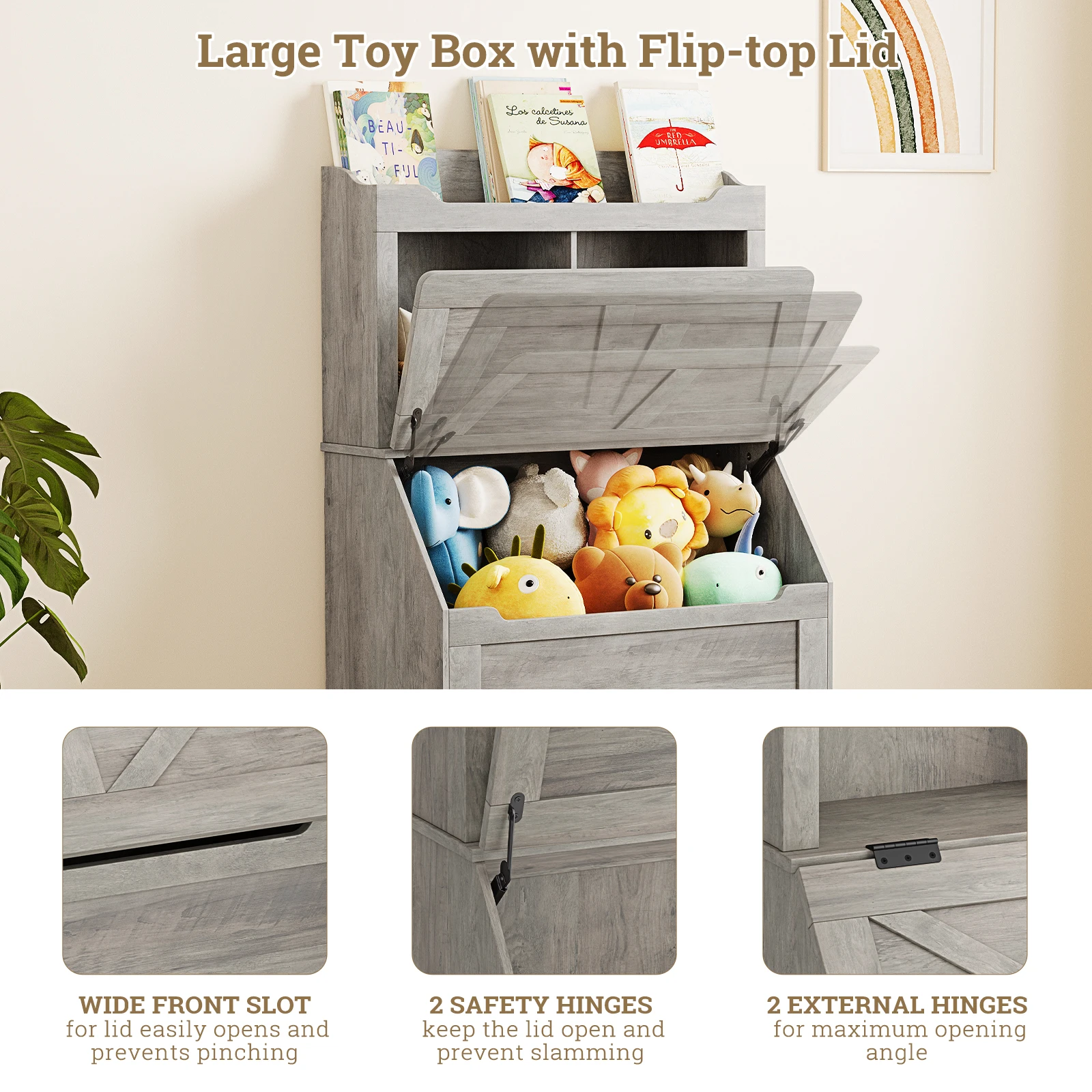 Kinder-Bücherregal aus Holz, Kinder-Bücherregal und Spielzeugaufbewahrung mit Klappdeckel und Tasche, Aufbewahrungsschrank aus Holz für Spielzimmer, Schlafzimmer – Detail 2