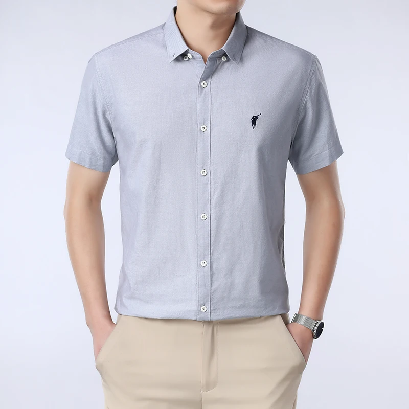 Solid Color Cotton Embroidered Small Horse Logo Shirt, Men's Short Sleeved Casual Versatile High-end Spring and Autumn Shirt