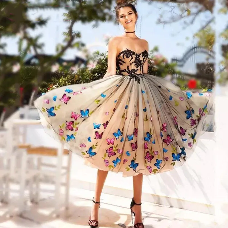 Černá a sekt tyl krátký ples šaty milenka butterflies nášivka homecoming večírek gowns čaj délka koktejlové