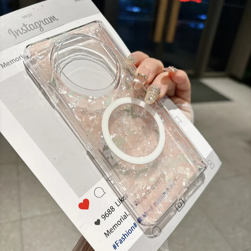 Pearlescent Shell Pattern Magnetic Ring Case For Honor Magic V6 Magic V5 Glitter Clear Shockproof Foldable Protective_voghion.com