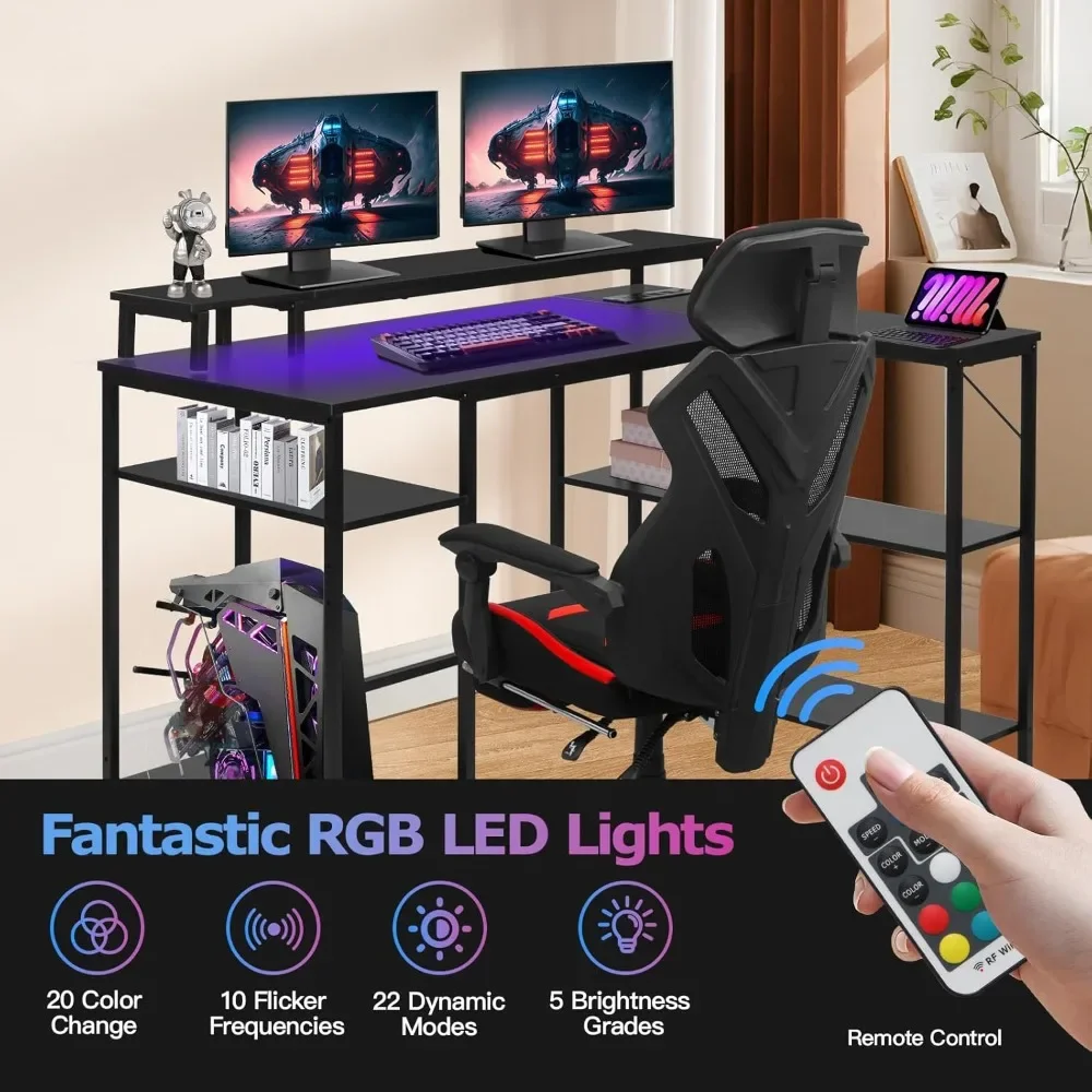 L Shaped Gaming Desk with LED Lights & Power Outlets, Reversible Computer Desk with Stand & Shelves 4