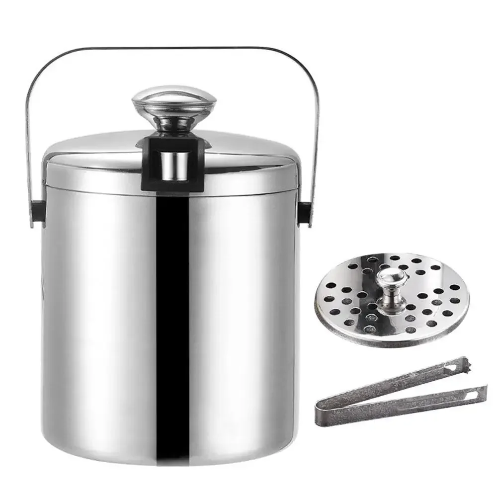 

1.3 Liter Stainless Steel Ice Bucket With Lid And Strainer Ice Bucket Double Walled Ice Bucket Portable Fridge Bar Accessories