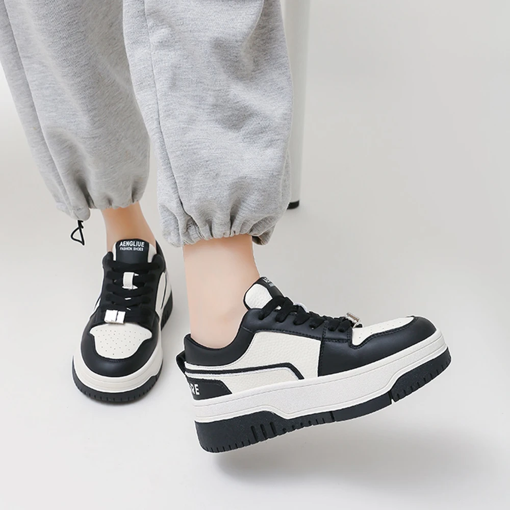 Somiliss Women Causal Sneakers Genuine Leather Patchwork Round Toe Cross Tied Design Platform Sole Ladies Spring Chunky Shoes