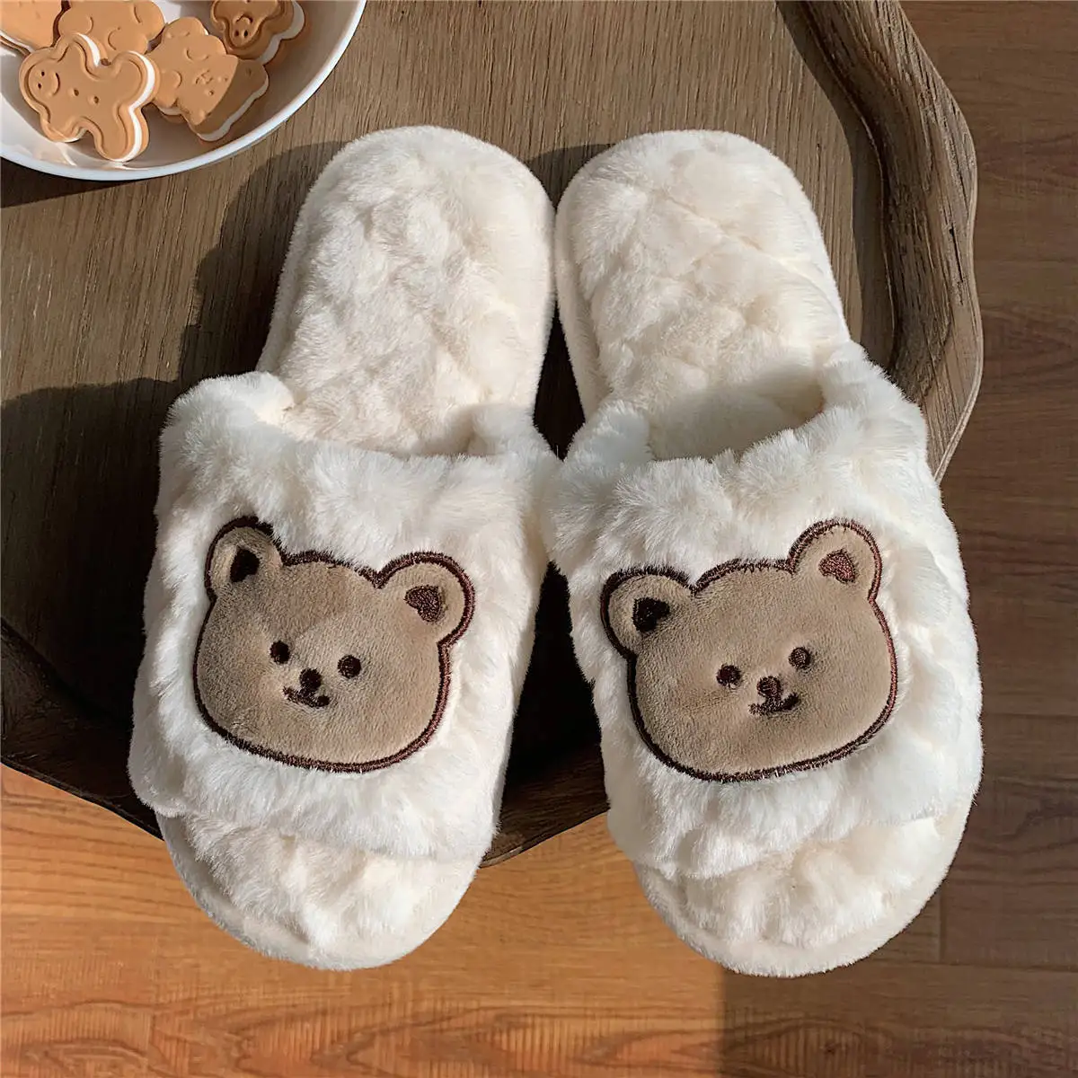 thumbnail image 2 of Pantuflas de algodón de moda para mujer, pantuflas de punta abierta con una sola palabra, para invierno, para el hogar, antideslizantes, cálidas y bonitas, para interiores y exteriores, de piel, 2 of 6