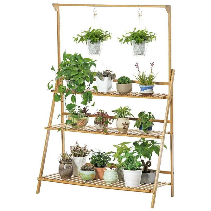 Plant Stand Storage Shelf, 3-Tier Hanging Stand for Flowers, Folding Organizer Display Rack, Adjustable Hanger Rod, Bamboo