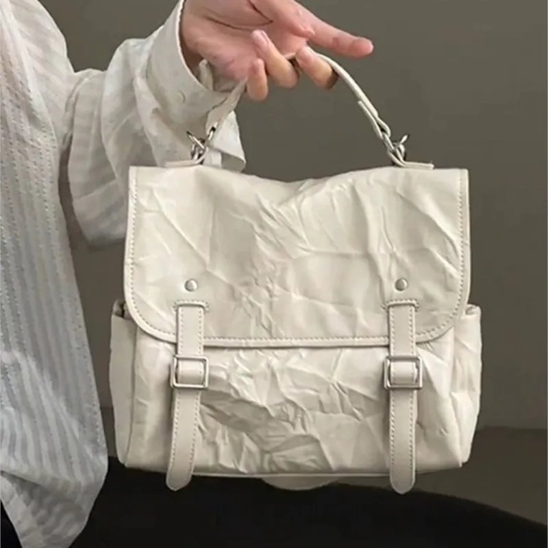 Korean Niche Backpack Women Wrinkled PU Leather Large Capacity Rucksack Ladies Minimalist Casual Versatile Mochilas Mujer 2025