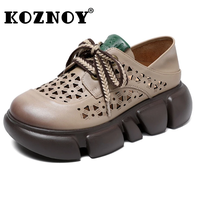 

Koznoy 5cm Genuine Leather Sandals Boots Flats Pumps Chunky Sneaker Booties Mary Jane Platform Wedge Summer Women Hollow Shoes